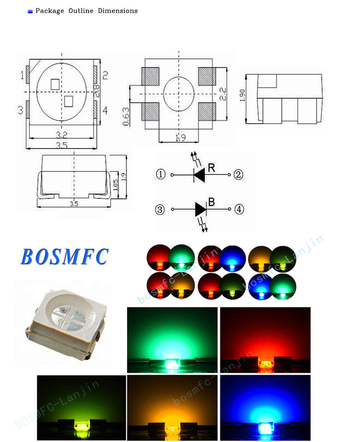 20mA Bi Color PLCC4 3528 SMD LED Chip 1.9mm Thickness Red  & Blue Color 4 Pins 0