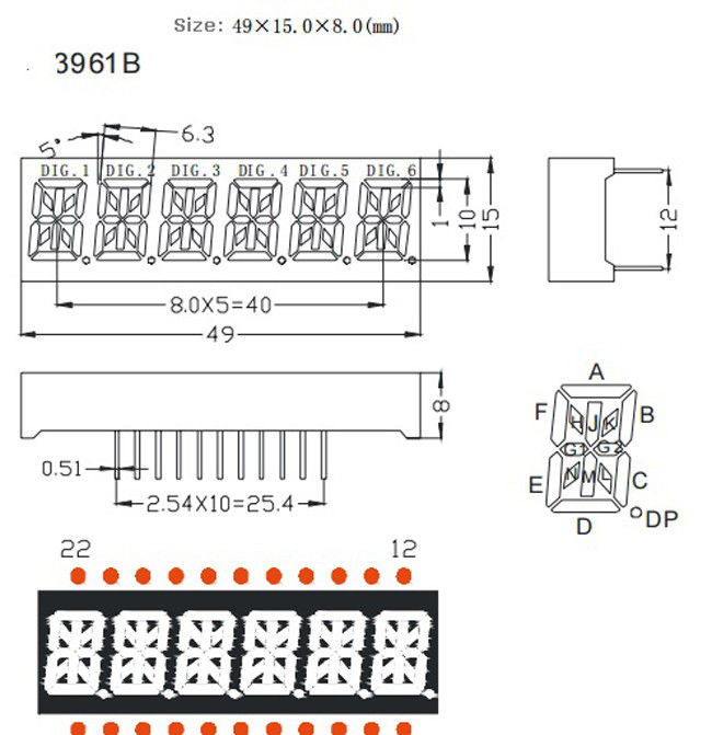 0.39" 16 segment LED Display 6 Digits Super Red Color 49x15x8mm 1